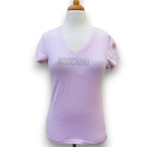 Vintage Y2K Moschino Baby Pink Gemstone Logo Tee - Picture 2 of 10